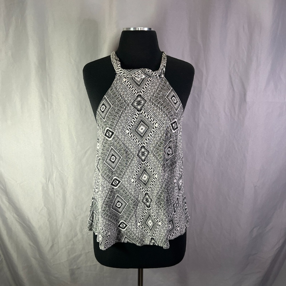 Hem & Thread Tank Top Womens M White Black Tribal Rayon Open Back Halter Neck